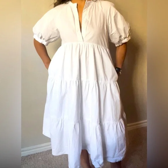 English Factory 100% cotton midi white tiered dress with puff sleeves and pocket - Picture 6 of 6